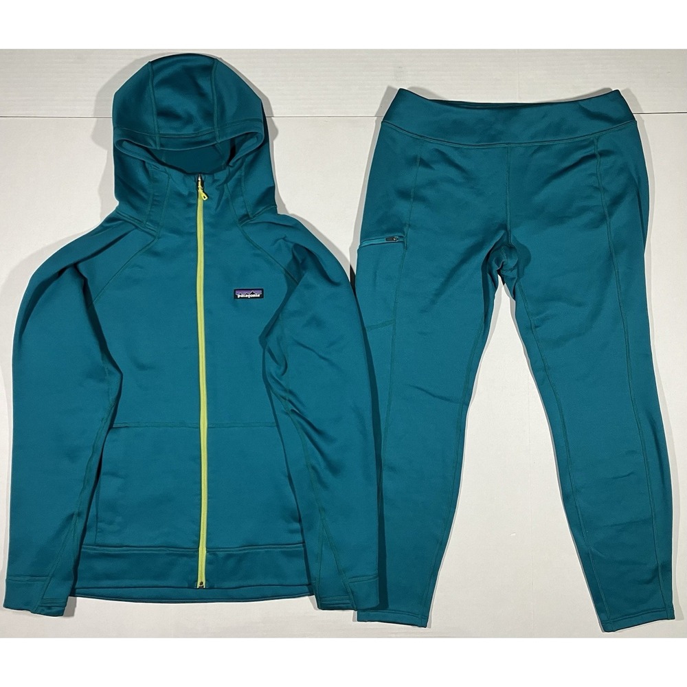 Patagonia Crosstrek Hoody And Bottoms Womens Large Green Blue Full Zip Polartec